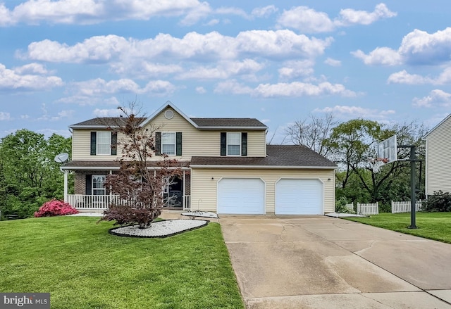 traditional-style home featuring covered porch, fence, concrete driveway, a front lawn, and a shingled roof