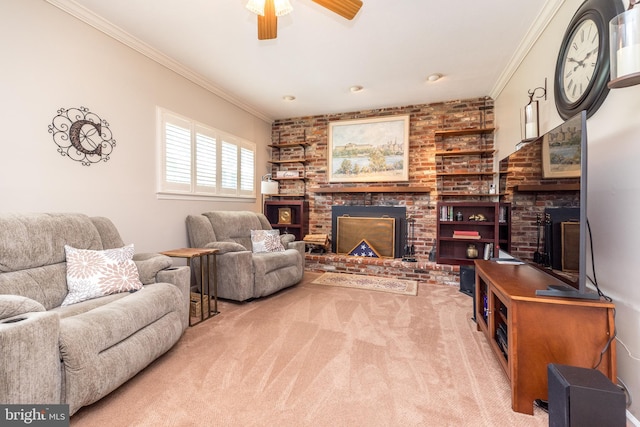 2921 Toll Gate Dr, East Norriton, PA 19403 - living room featuring a fireplace, carpet, crown molding, and a ceiling fan