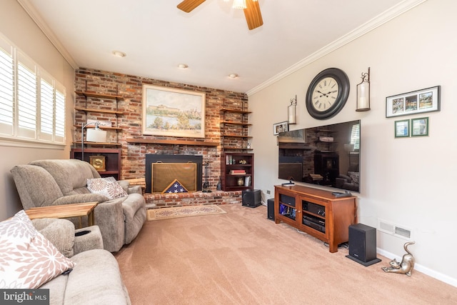 2921 Toll Gate Dr, East Norriton, PA 19403 - carpeted living room with a brick fireplace, a ceiling fan, ornamental molding, and baseboards