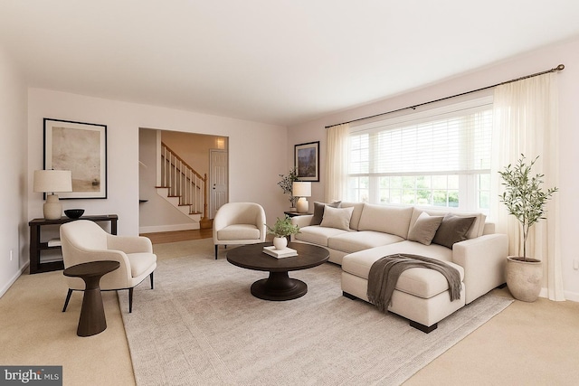 2921 Toll Gate Dr, East Norriton, PA 19403 - carpeted living area featuring stairs and baseboards