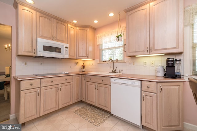 2921 Toll Gate Dr, East Norriton, PA 19403 - kitchen with white appliances, a sink, light brown cabinetry, backsplash, and recessed lighting