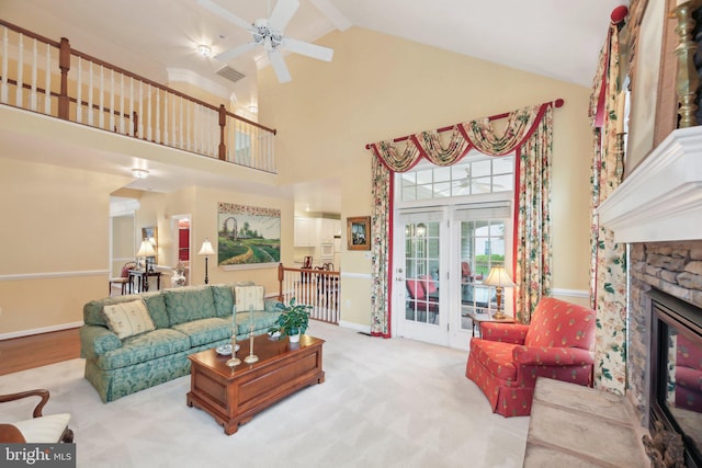 10017 Prestwich Ter, Ijamsville, MD 21754 - living area featuring high vaulted ceiling, french doors, a fireplace, beam ceiling, and ceiling fan