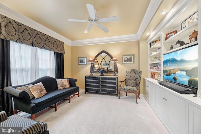 10017 Prestwich Ter, Ijamsville, MD 21754 - living area featuring ornamental molding, light colored carpet, a ceiling fan, and baseboards