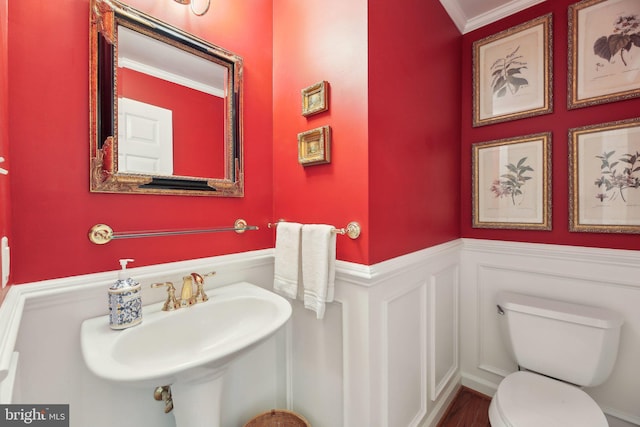 10017 Prestwich Ter, Ijamsville, MD 21754 - bathroom with a wainscoted wall, toilet, crown molding, a decorative wall, and a sink