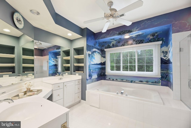 10017 Prestwich Ter, Ijamsville, MD 21754 - full bathroom with a garden tub, a ceiling fan, a stall shower, two vanities, and wallpapered walls
