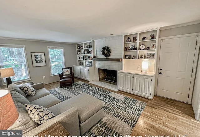 1448 Laurel Hill Rd, Vienna, VA 22182 - living area with light wood-style flooring, a fireplace, and ornamental molding