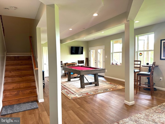 6628 New London Rd, New Market, MD 21774 - playroom featuring billiards, baseboards, wood finished floors, and recessed lighting