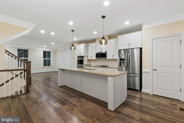 3745 Signal Knob Ct, Falls Church, VA 22041 - kitchen featuring stainless steel appliances, a sink, ornamental molding, dark wood-type flooring, and white cabinets