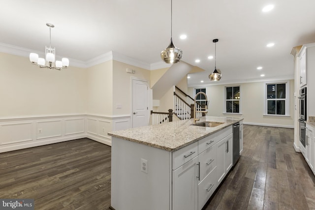 3745 Signal Knob Ct, Falls Church, VA 22041 - kitchen featuring a sink, crown molding, white cabinets, dark wood-type flooring, and a kitchen island with sink