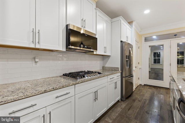 3745 Signal Knob Ct, Falls Church, VA 22041 - kitchen featuring stainless steel appliances, white cabinetry, crown molding, dark wood-style flooring, and light stone counters