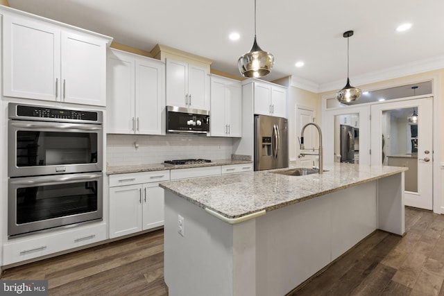 3745 Signal Knob Ct, Falls Church, VA 22041 - kitchen with stainless steel appliances, a sink, ornamental molding, an island with sink, and backsplash
