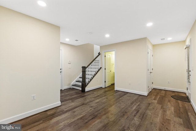 3745 Signal Knob Ct, Falls Church, VA 22041 - basement with dark wood-style flooring, stairway, baseboards, and recessed lighting