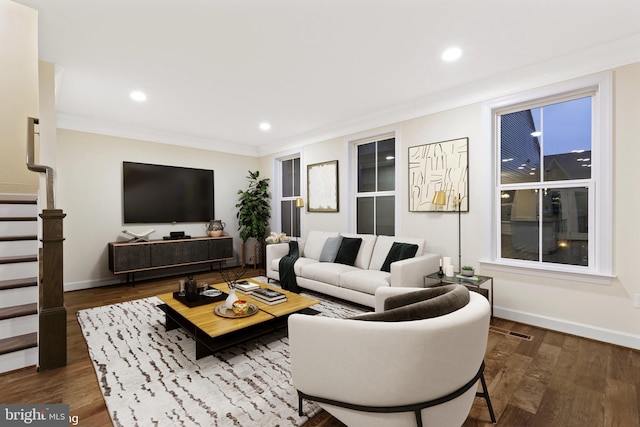 3745 Signal Knob Ct, Falls Church, VA 22041 - living room featuring stairs, dark wood-type flooring, ornamental molding, baseboards, and recessed lighting
