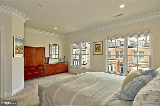 bedroom with light carpet, baseboards, ornamental molding, and recessed lighting