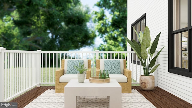view of wooden balcony featuring a wooden deck and a patio area