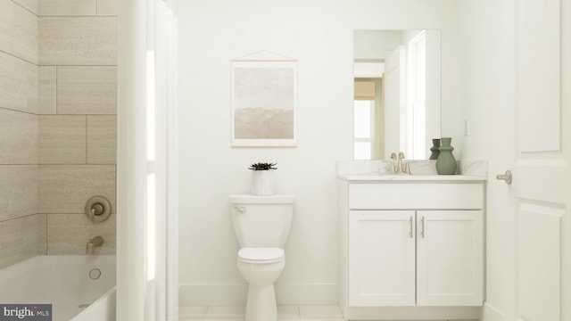 full bathroom with toilet, vanity, tile patterned flooring, shower / bath combination, and baseboards
