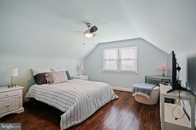 6226 Long Meadow Dr, Sykesville, MD 21784 - bedroom with dark wood-type flooring, lofted ceiling, baseboards, and a ceiling fan