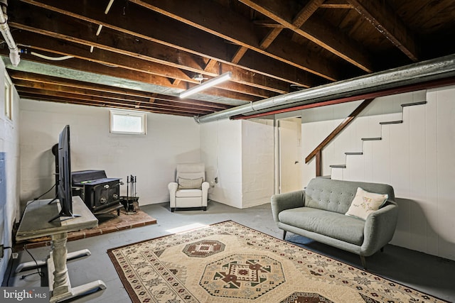6226 Long Meadow Dr, Sykesville, MD 21784 - basement featuring a wood stove and stairway