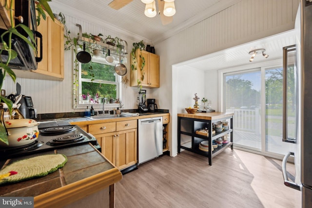 kitchen featuring a wealth of natural light, stainless steel dishwasher, ornamental molding, and a sink