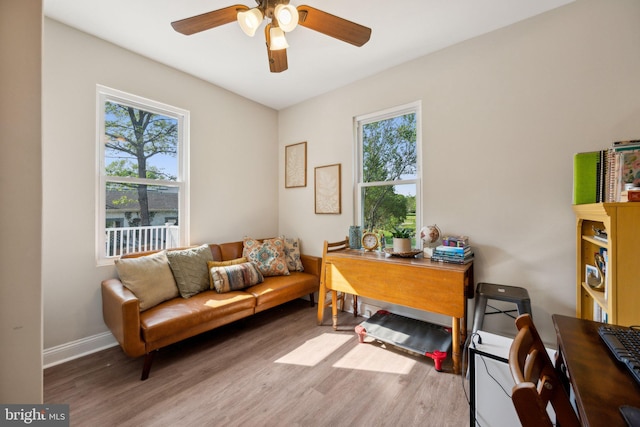 home office with a wealth of natural light, a ceiling fan, and wood finished floors