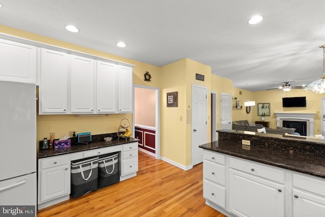 100 Lucy Long Ct, Stephens City, VA 22655 - kitchen featuring freestanding refrigerator, a ceiling fan, light wood-type flooring, white cabinets, and recessed lighting