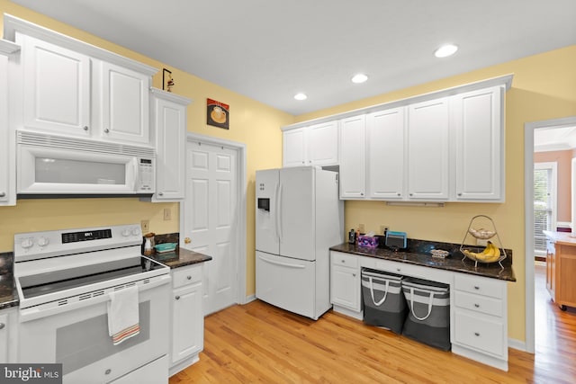 100 Lucy Long Ct, Stephens City, VA 22655 - kitchen with white appliances, light wood-style floors, white cabinetry, recessed lighting, and dark stone counters