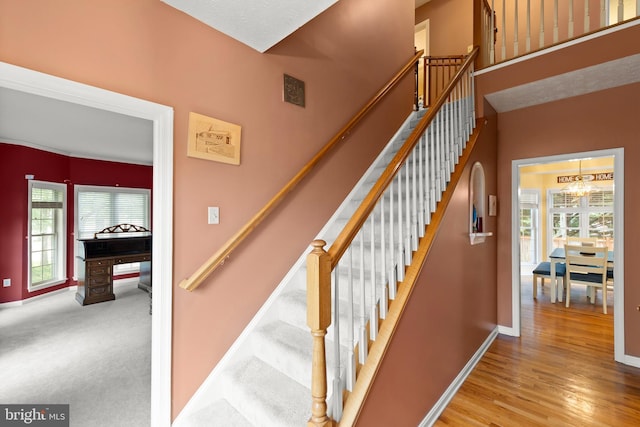 100 Lucy Long Ct, Stephens City, VA 22655 - stairway with a chandelier, baseboards, and wood finished floors