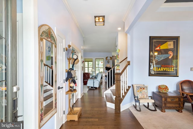 23593 Robalo Rd, Frankford, DE 19945 - entrance foyer with stairs, wood finished floors, crown molding, baseboards, and recessed lighting