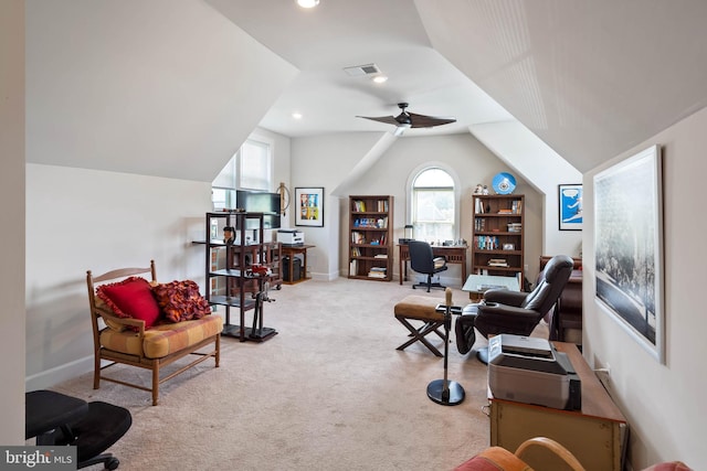 23593 Robalo Rd, Frankford, DE 19945 - living area featuring a desk, lofted ceiling, carpet, baseboards, and ceiling fan