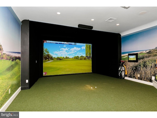 rec room featuring carpet flooring, golf simulator, visible vents, baseboards, and recessed lighting