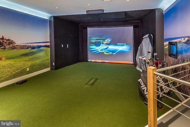 playroom with baseboards, golf simulator, and carpet floors