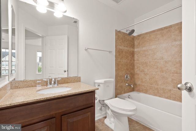 bathroom with vanity, toilet, shower / bathtub combination, and tile patterned flooring