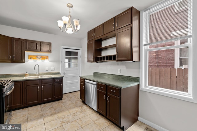 1307 Morling Ave, Baltimore, MD 21211 - kitchen with a sink, appliances with stainless steel finishes, open shelves, a chandelier, and dark brown cabinetry