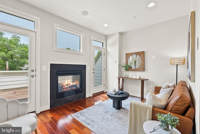 44521/2 Macarthur Blvd NW, Washington, DC 20007 - living room featuring healthy amount of natural light, hardwood / wood-style floors, recessed lighting, a glass covered fireplace, and baseboards