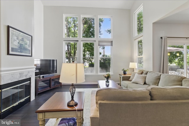 43253 Katie Leigh Ct, Ashburn, VA 20147 - living room with a high ceiling, plenty of natural light, dark wood finished floors, and a high end fireplace