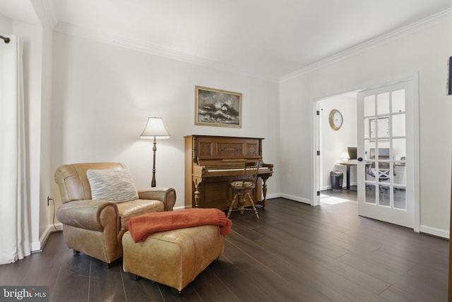 43253 Katie Leigh Ct, Ashburn, VA 20147 - living area featuring ornamental molding, dark wood-style flooring, and baseboards