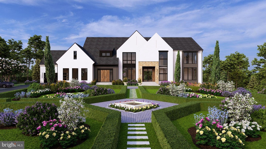 7315 Georgetown Pike, Mclean, VA 22102 - view of front of home featuring stone siding, stucco siding, and a front lawn