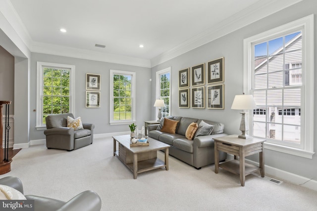 living area featuring ornamental molding, carpet, baseboards, and visible vents