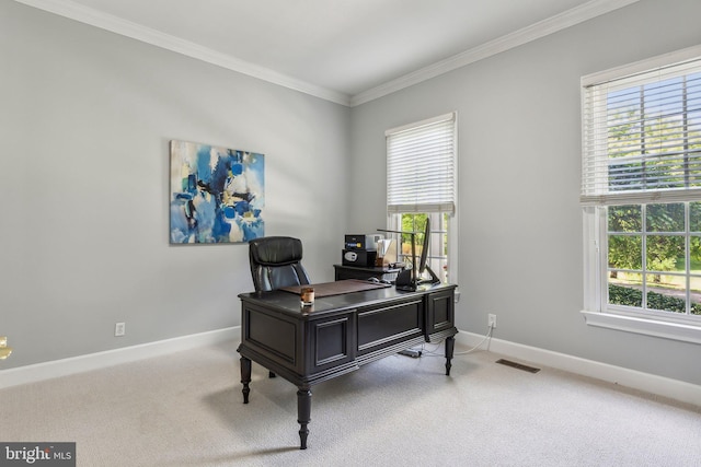 home office featuring carpet, plenty of natural light, and visible vents