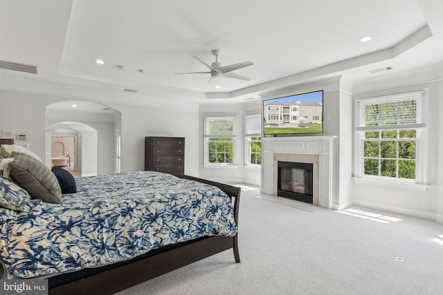 carpeted bedroom with multiple windows, visible vents, a fireplace, and a raised ceiling