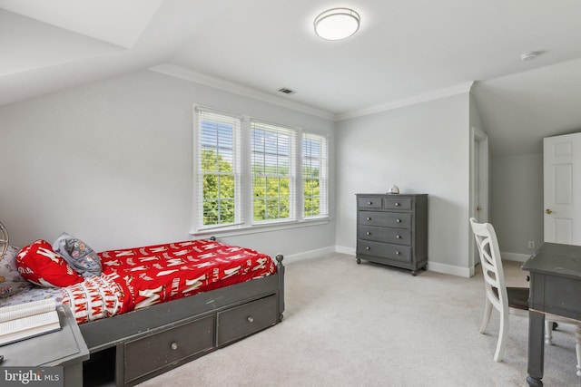 bedroom featuring carpet, baseboards, ornamental molding, visible vents, and vaulted ceiling