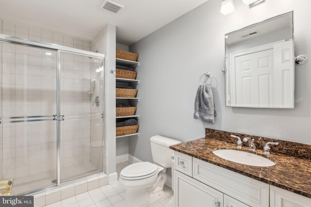 bathroom featuring toilet, vanity, visible vents, tile patterned flooring, and a shower stall