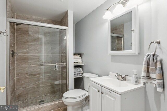 bathroom featuring a shower stall, vanity, and toilet