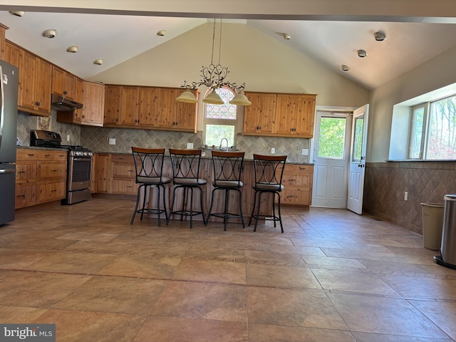 kitchen featuring under cabinet range hood, stainless steel appliances, a breakfast bar area, and a healthy amount of sunlight