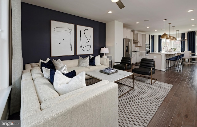318 Ibis Ct, Laurel, MD 20724 - living room featuring a ceiling fan, dark wood finished floors, and recessed lighting