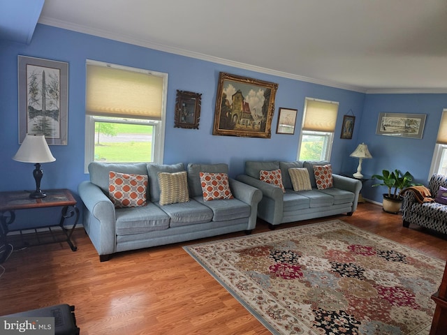 living area with crown molding, baseboards, and light wood-type flooring