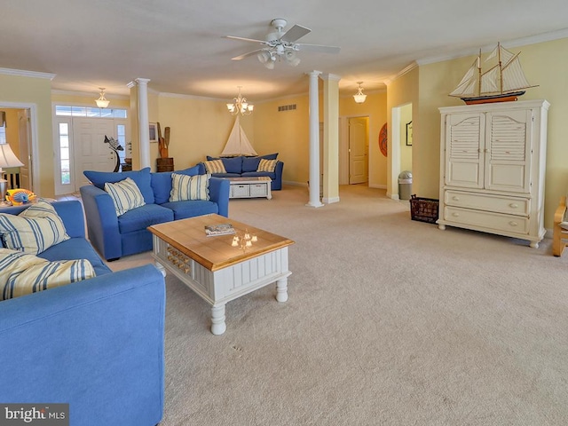 living area with a ceiling fan, visible vents, crown molding, light carpet, and ornate columns