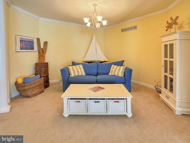 carpeted living room with an inviting chandelier, visible vents, baseboards, and ornamental molding