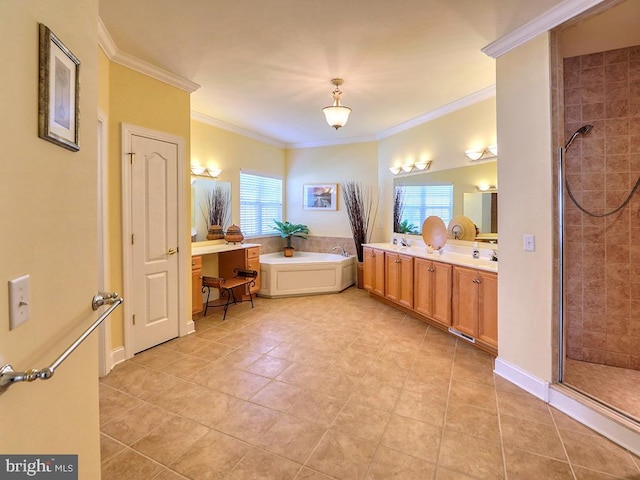 full bathroom featuring a bath, plenty of natural light, a stall shower, and ornamental molding