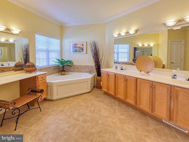 bathroom featuring double vanity, a sink, tile patterned floors, a bath, and crown molding